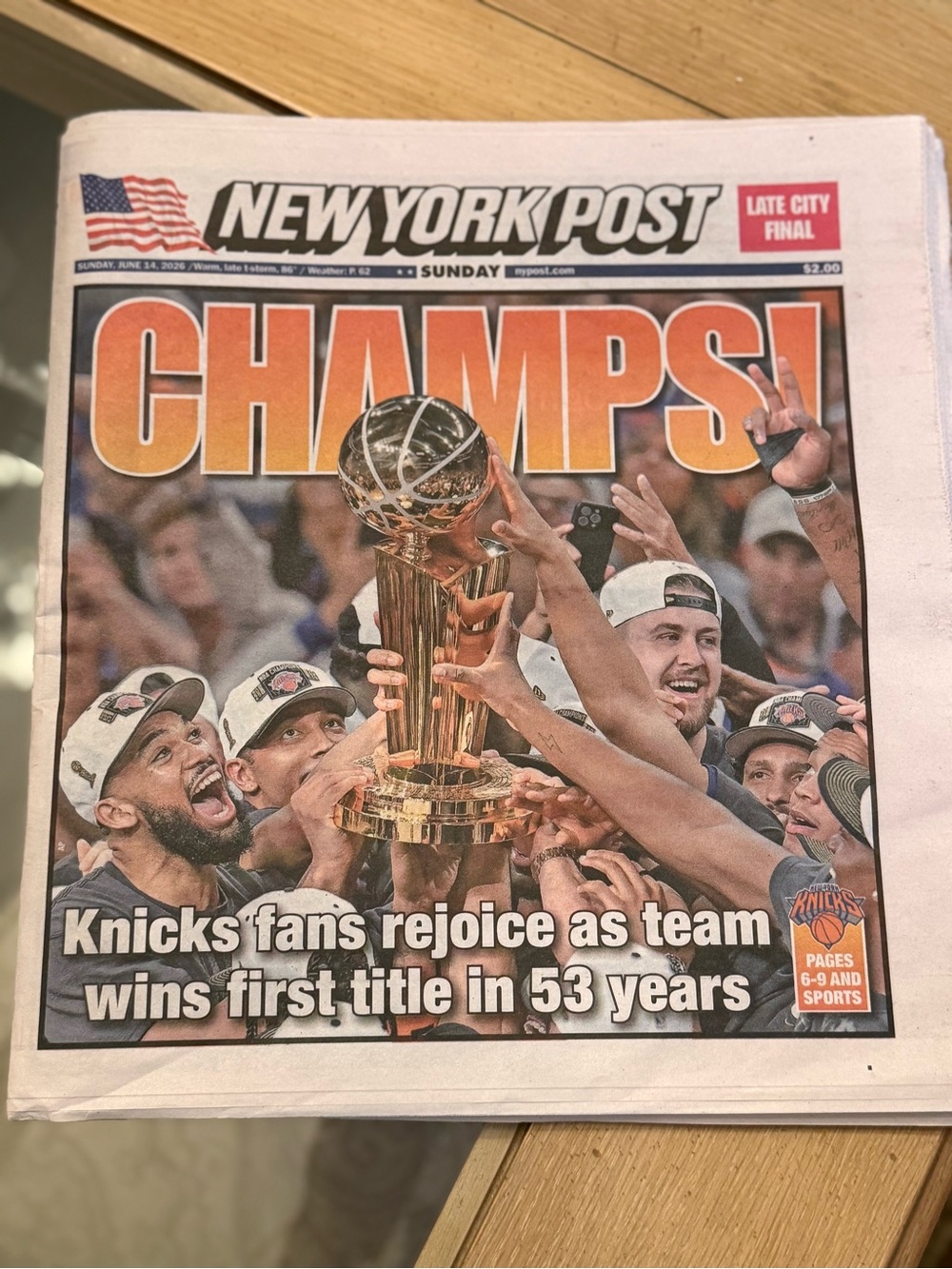 New York Post Knicks ‘CHAMPS' Front Page Newspaper